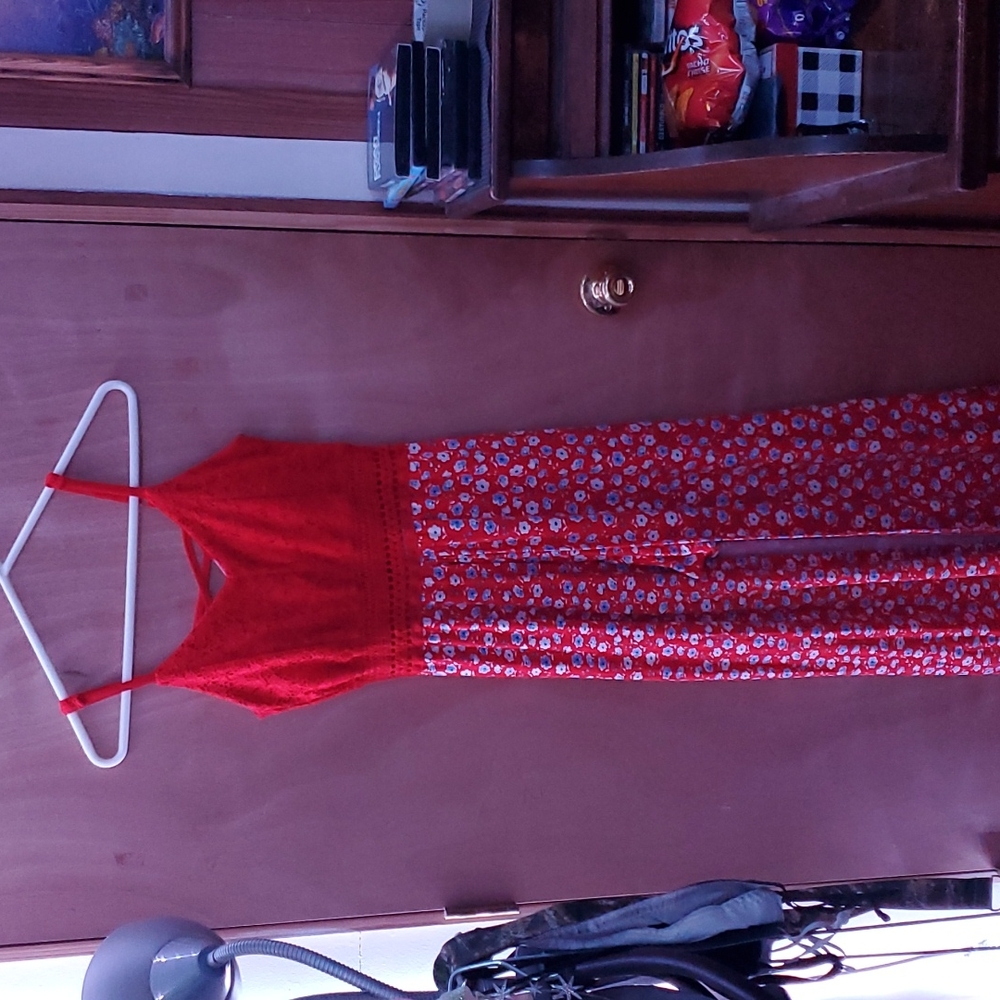 Red, white, and blue floral romper with skirt.